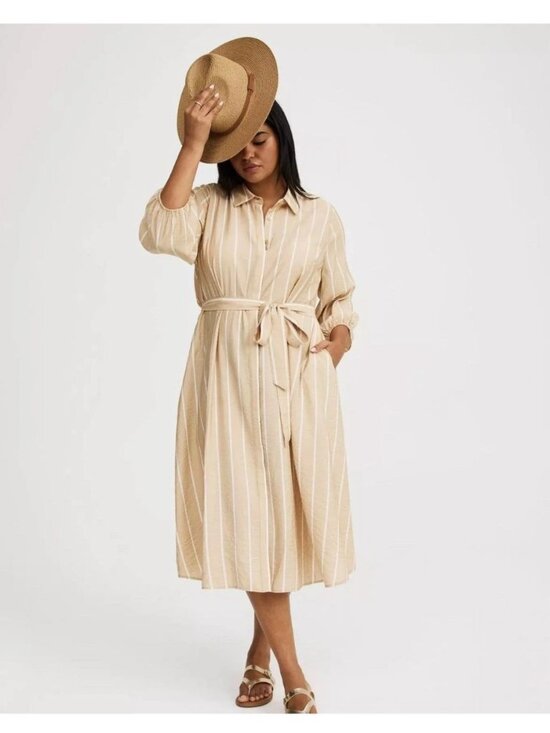 torrid Dresses & Skirts - torrid Beige & White Striped Midi Shirt Dress with Tie Waist